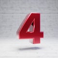 Red number 4. Metallic red color digit isolated on concrete background Royalty Free Stock Photo