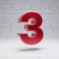 Red number 3. Metallic red color digit isolated on concrete background Royalty Free Stock Photo