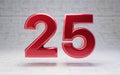 Red number 25. Metallic red color digit isolated on concrete background Royalty Free Stock Photo