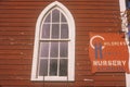 Red nursery school house window, Catskills, NY