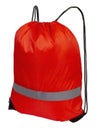 Red nylon drawstring bag with reflective tape, isolated over white