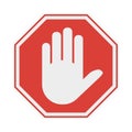 Red octagonal stop sign arm. Stop hand symbol for prohibited activities. No entry