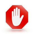 Red Octagonal Stop Sign with White Hand Symbol on White Background image photo Royalty Free Stock Photo