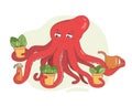 The red octopus gardener holds pots of plants in his tentacles. Marine inhabitant in cartoon style. Garden supplies