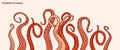 Red octopus tentacles reaching upwards. Squid-like marine animal.