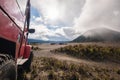 Red off road car at Mount Bromo, Indonesia, adventure trial Royalty Free Stock Photo