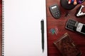 Red office desk with stationery