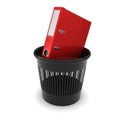 Red Office folder with documents in a black trash