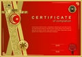 Red official certificate with wafer, emblem, gold design elements