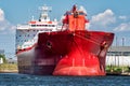 Red oil tanker ship prow view on sunny day Royalty Free Stock Photo