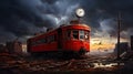 A red old abandoned tram near tram tracks and outdated broken city clocks. Royalty Free Stock Photo