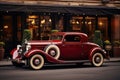 Red old american car parked in downtown San Francisco, Side view of a vintage car parked on the street, AI Generated Royalty Free Stock Photo