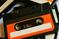 Red old audio cassette background. 80s-90s. Close-up Royalty Free Stock Photo