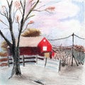 Red old barn, a fence, a tree and bushes without leaves in a cool winter day Royalty Free Stock Photo