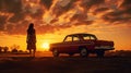 Woman Standing In Front Of Old Red Car At Sunset
