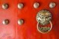 The red old door in front of Buddha Tooth Relic Temple, Singapore Royalty Free Stock Photo