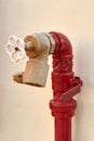 Red old fireplug with white valve against of a wall background