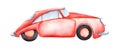 Red old style car with black whills. Hand drawn watercolor illustrtion on a textured papern