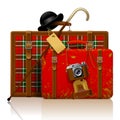 Red old suitcases with walking stick, bowler hat and retro photo