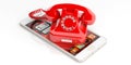 Red old telephone and smartphone on white background. 3d illustration Royalty Free Stock Photo
