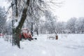 A red old tractor clears the street of snow in a snow storm. Street cleaning in winter Royalty Free Stock Photo