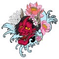 Red Oni mask with Sakura and Peony flower