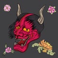 Red Oni mask with Sakura and Peony flower