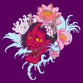 Red Oni mask with Sakura and Peony flower