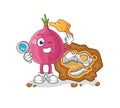 Red onion archaeologists with fossils mascot. cartoon vector