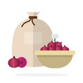 Red onion in a basket and linen sack flat isolated Royalty Free Stock Photo