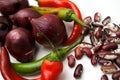 Red onion, chilli pepper and haricot beans, close- Royalty Free Stock Photo