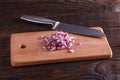 Red onion cut on a wooden board