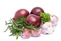 Red onion, garlic and fresh rosemary Royalty Free Stock Photo