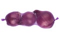 Red onion in a grid isolated on a white background. Onion in market packaging from supermarket. 3 pieces.