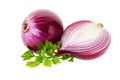 Red onion and half slice with parsley on white. Royalty Free Stock Photo