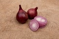 Red onion heads on old burlap