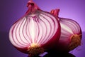 Red onion slice layers, translucent, adorn a reflective pink purple backdrop
