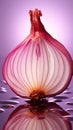 Red onion slice layers, translucent, adorn a reflective pink purple backdrop