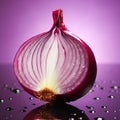 Red onion slice layers, translucent, adorn a reflective pink purple backdrop