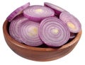 Red onion slices in a wooden bowl on a white Royalty Free Stock Photo