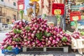 Red onion sold on Tropea`s streets as specialty of the region, Italy