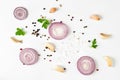 Red onion and spices isolated on white background, top view Royalty Free Stock Photo
