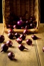 Red onion vegetables with wicker basket in background on rustic Royalty Free Stock Photo