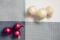 Red and white onion on a background divided into four parts Royalty Free Stock Photo