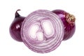 Red onion, whole and half isolated on white background, close up. Royalty Free Stock Photo