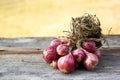 Red onion on wood background.