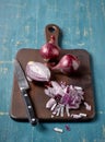 Red onion on wooden cutting board Royalty Free Stock Photo