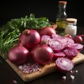 Red onions on a cutting board with spices and herbs on a dark wooden background Royalty Free Stock Photo