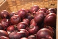 Red onions are on display in abundance on the supermarket counter. Fresh vegetables, harvesting. Vegetarian food Royalty Free Stock Photo