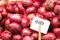 Red onions fresh and organic on sale at a vegetable stand in a food local market with the white price tag right side on wood stick